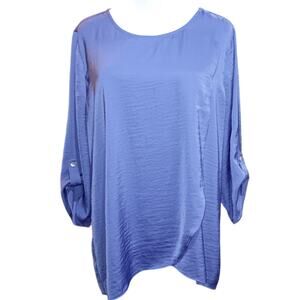 CHICO'S 2 Blouse Top Light Satin Front Panel Flowy LG Periwinkle Blue 3/4 Sleeve